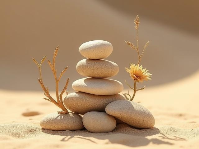 나뭇가지와 조약돌로 만든 추상적인 조형물