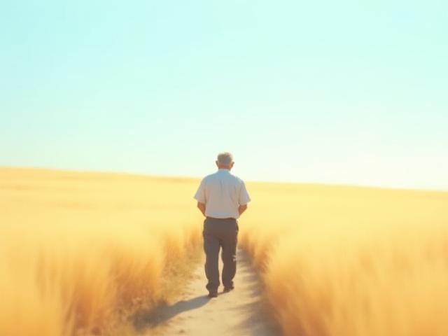 고요한 숲길을 걷는 중년 남성