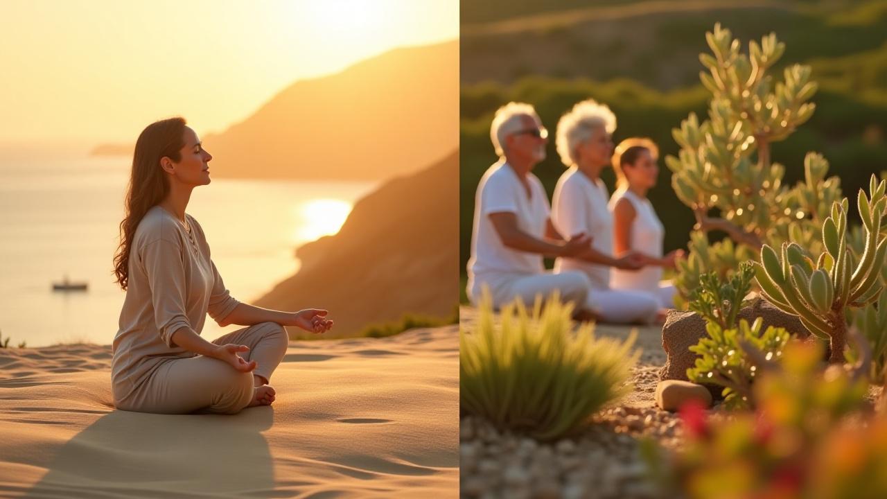 사막의 모래 언덕에서 명상하는 사람, 요가를 하는 그룹, 건강한 식사가 준비되는 모습이 담긴 콜라주 이미지